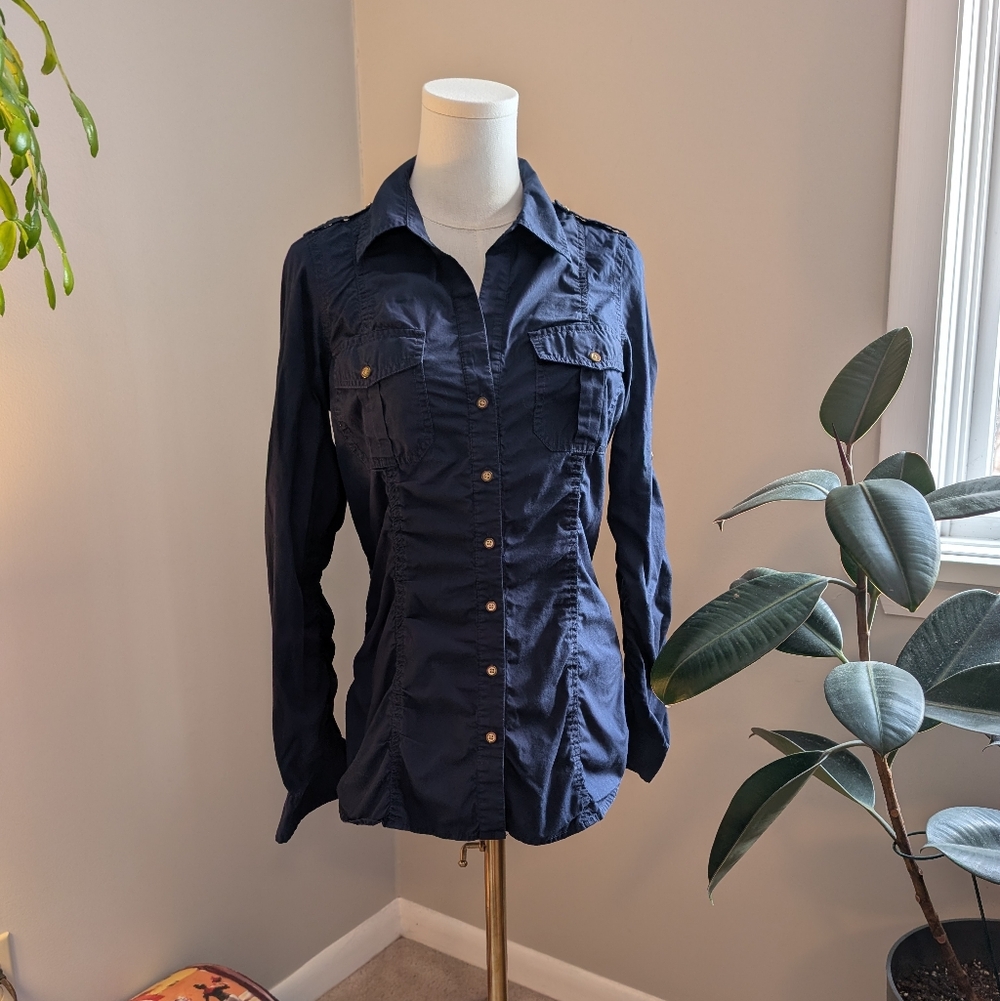 Express Dark Blue Button-Up Shirt with Pockets And Gold Buttons
